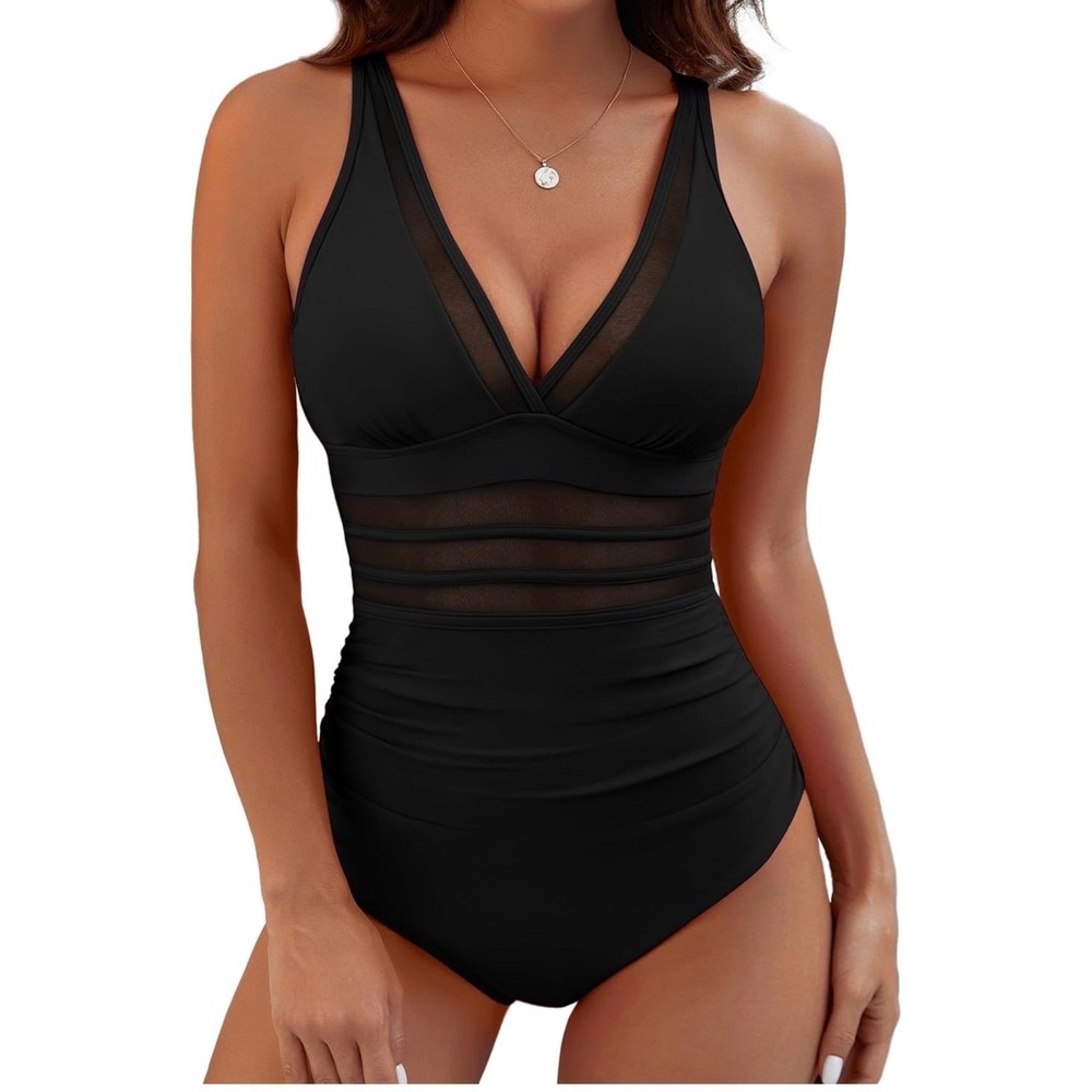BMJL Womens Mesh V Neck Ruched One Piece Swimsuit Black Tummy Control  S NWOT